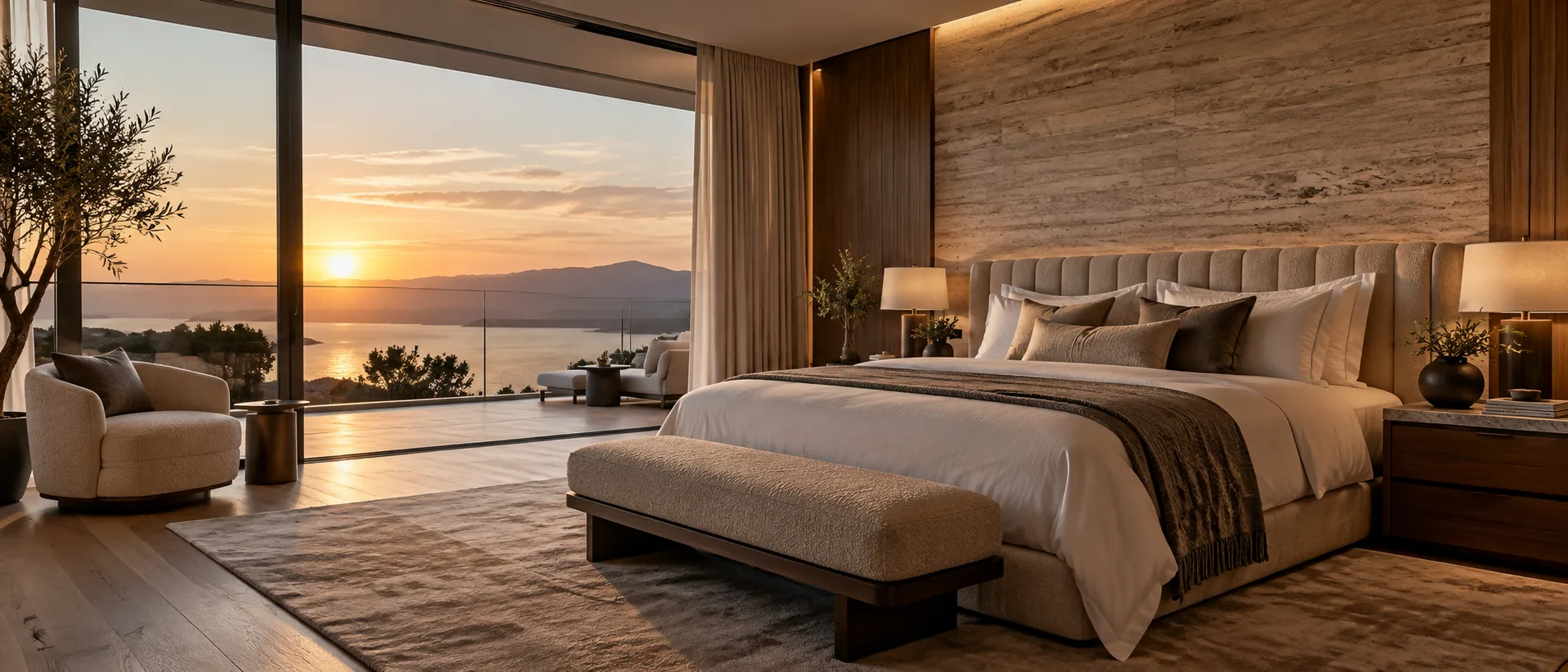 Elegantes Schlafzimmer mit Blick auf den Sonnenuntergang