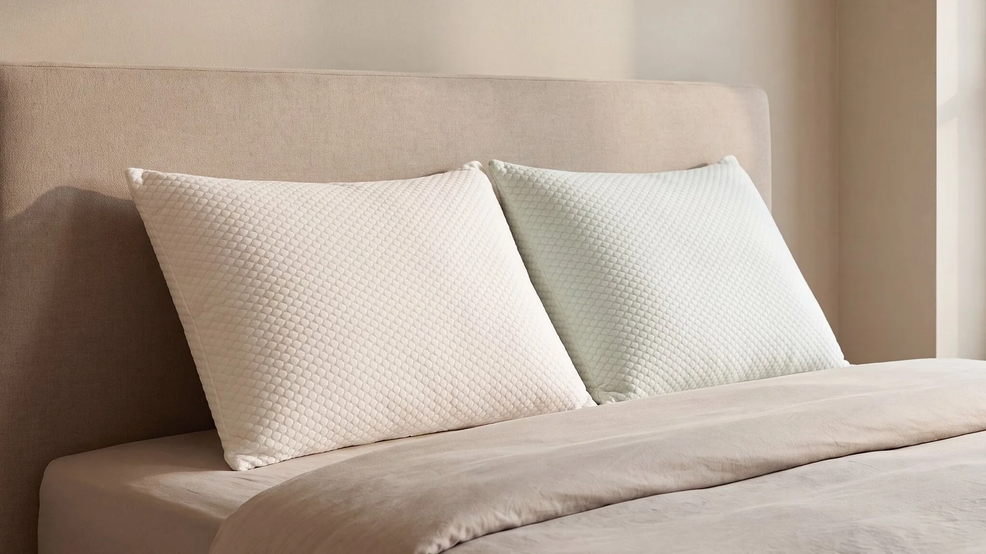 Ruhiges Schlafzimmer, auf dem Bett zwei Schlafzauberkissen mit Cool-Bezug